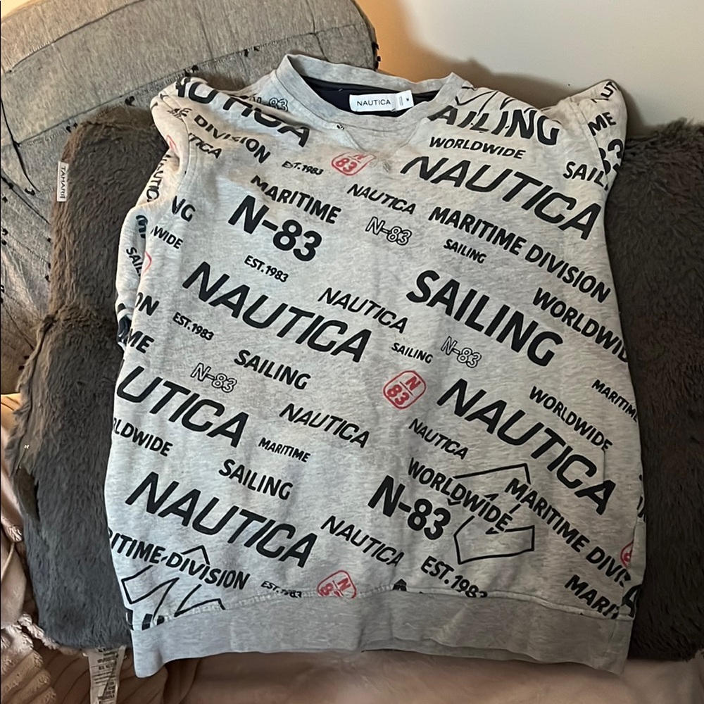 Nautica Gray Crewneck Sweater with Nautical Print
